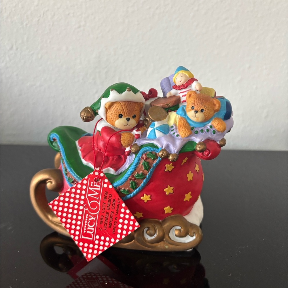 Vintage Lucky and me ceramic music box Santa sled plays Santa Claus is coming